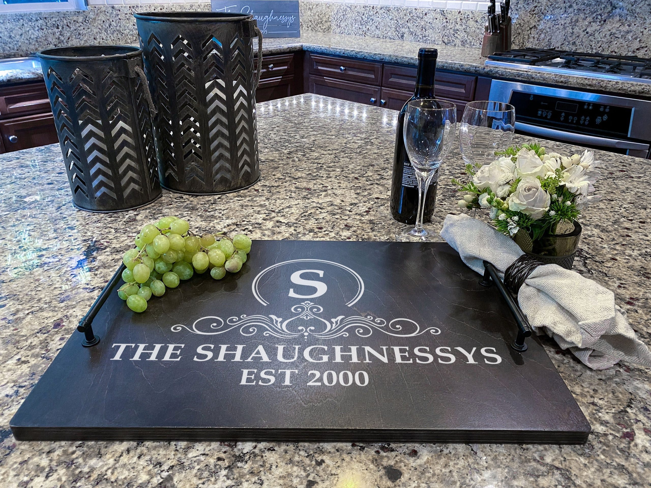 Monogram Wood Serving Tray - Personalized ottoman tray with handles, Family Name, Established Date, New Home Closing Realtor Gift - Image 7