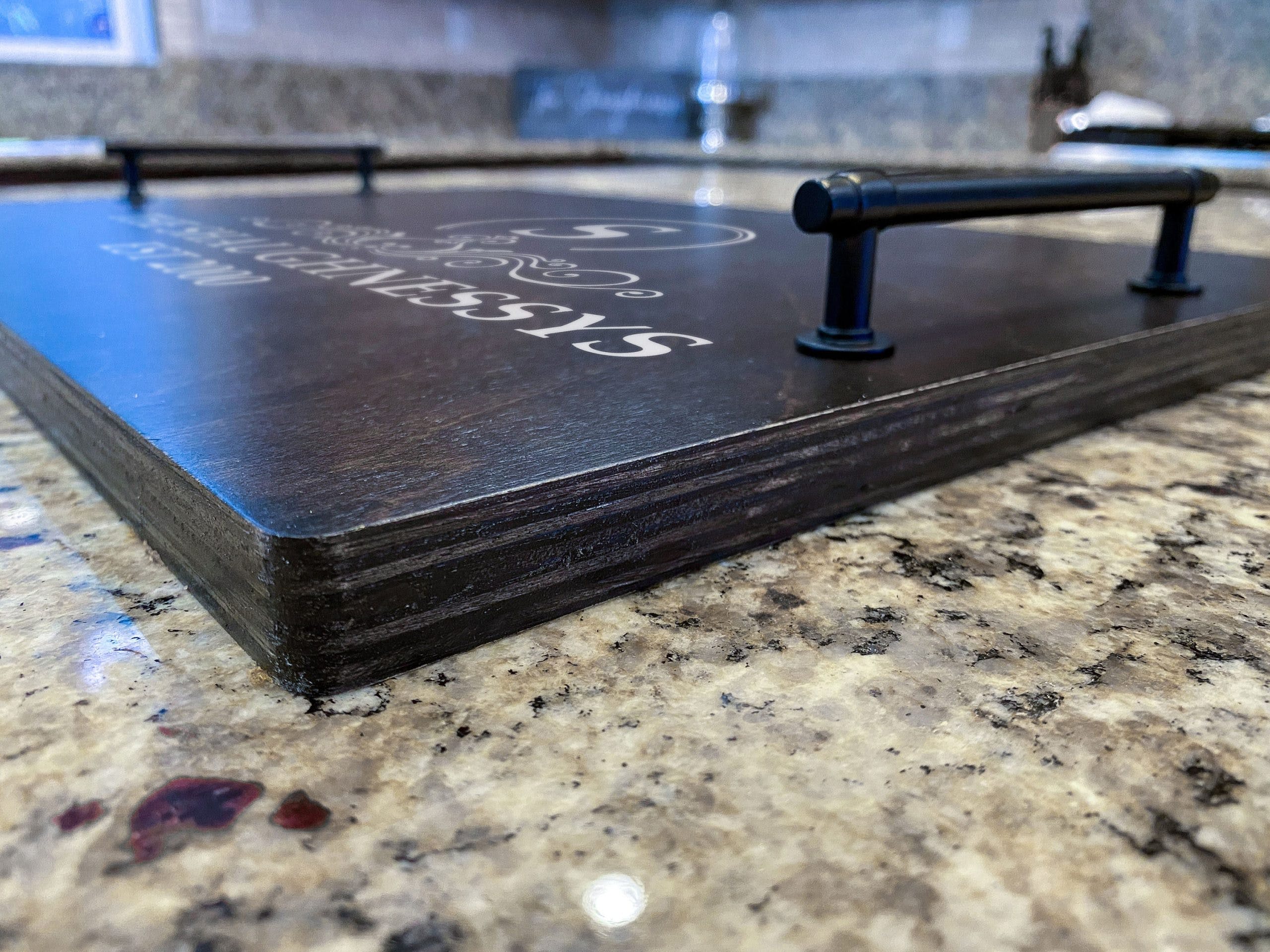 Monogram Wood Serving Tray - Personalized ottoman tray with handles, Family Name, Established Date, New Home Closing Realtor Gift - Image 9