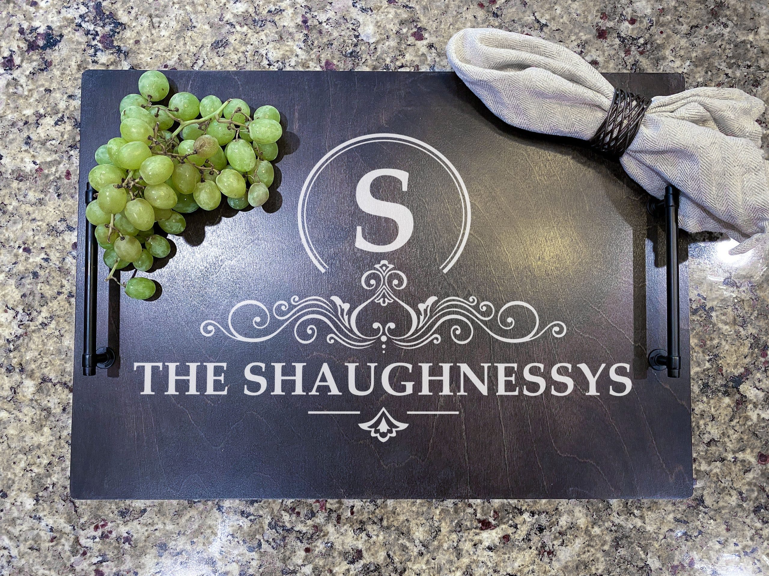 Monogram Wood Serving Tray - Personalized ottoman tray with handles, Family Name, Established Date, New Home Closing Realtor Gift - Image 2
