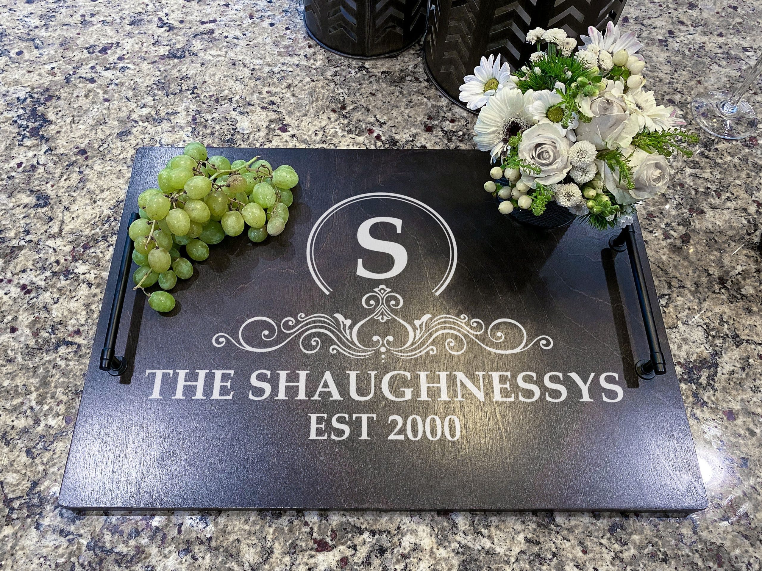 Monogram Wood Serving Tray - Personalized ottoman tray with handles, Family Name, Established Date, New Home Closing Realtor Gift - Image 8